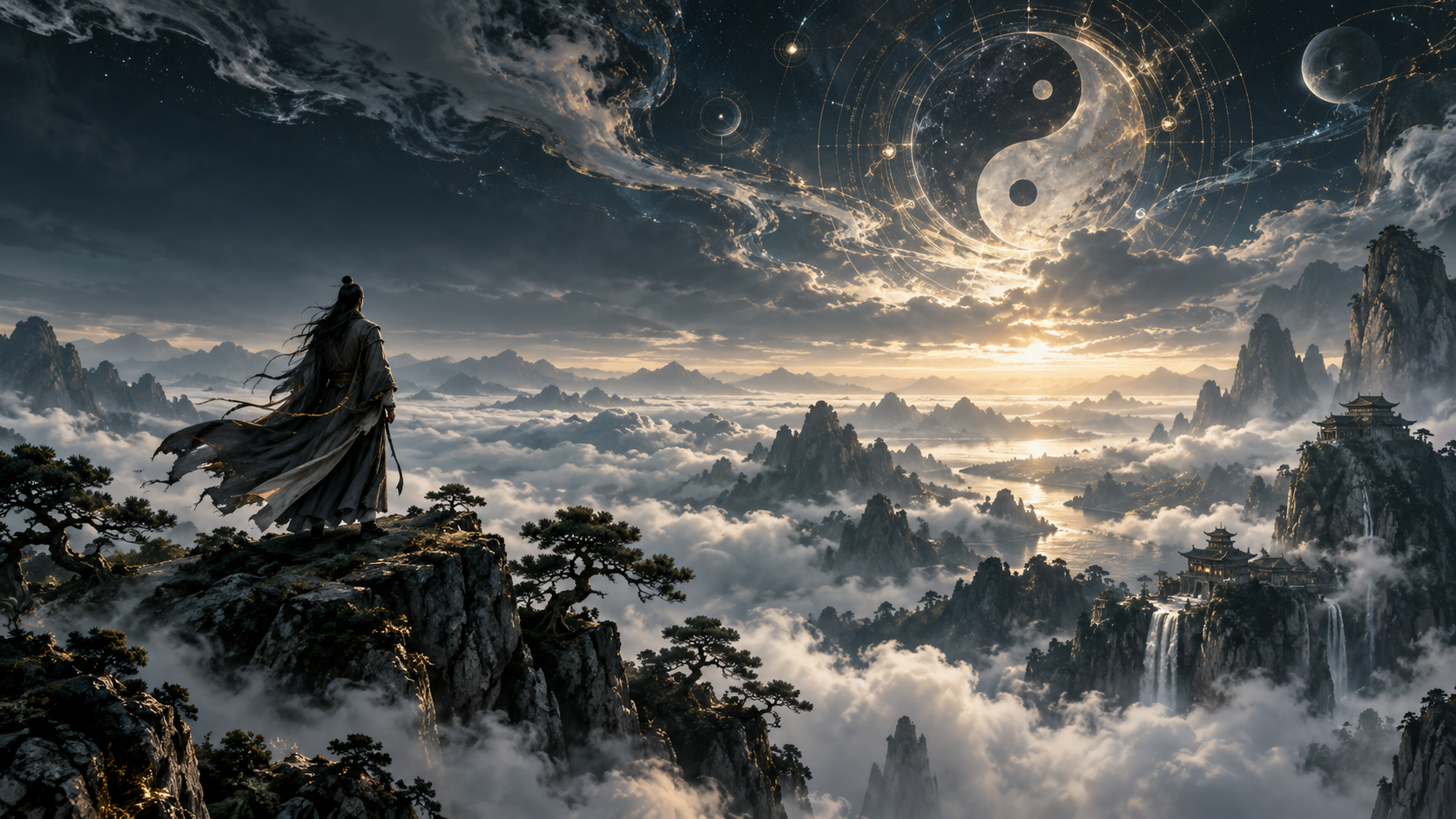 云海群山之上，太极与星轨相映